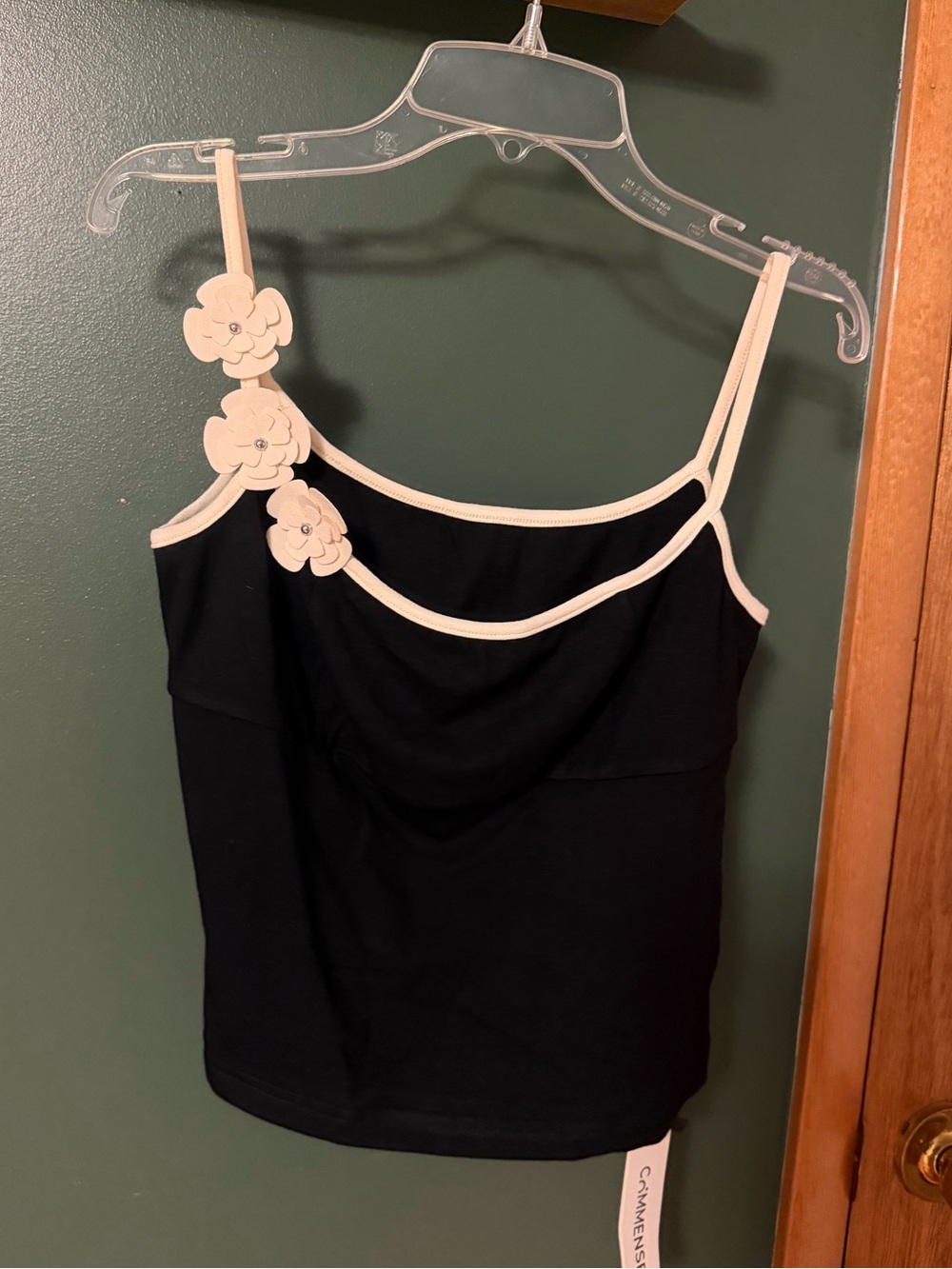 Commense Black and Cream Floral-Trim Spaghetti Strap Camisole